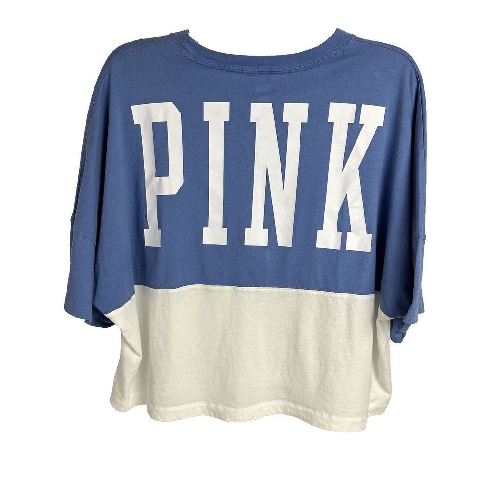 Victoria's Secret PINK Varsity Short Sleeve Cropped Oversized Tee Blue White XXL